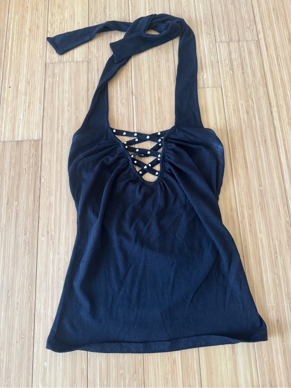 Black Halter Top with Crisscross Stud Detail